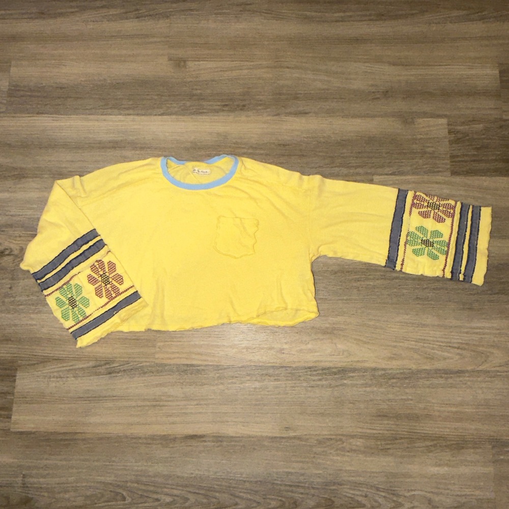 Free People We The Free Sidney Tee Yellow Embroidered Cuff Long Sleeve XS